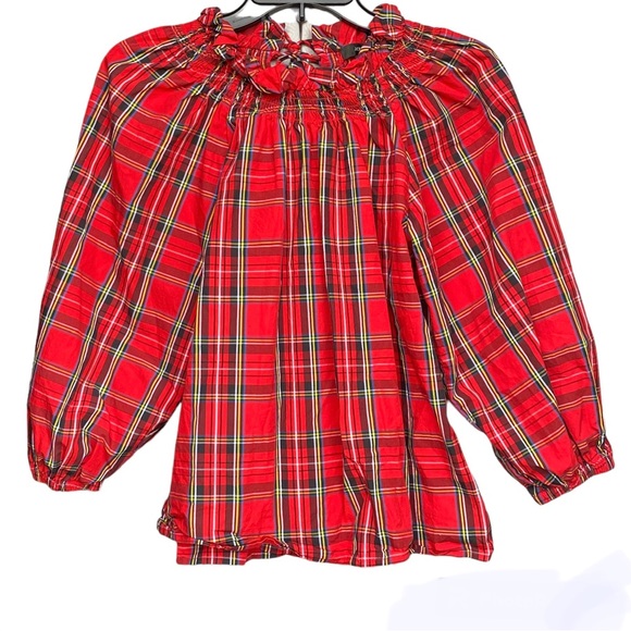 J. Crew Plaid Smocked Blouse Red Size XS - Picture 6 of 15